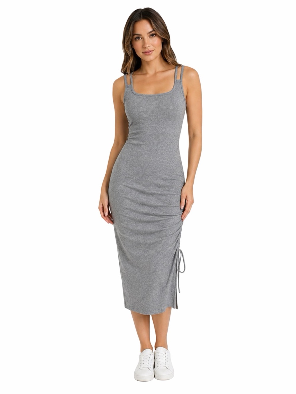Gilli Heather Gray Ruched Ribbed Midi Dress - Size Small